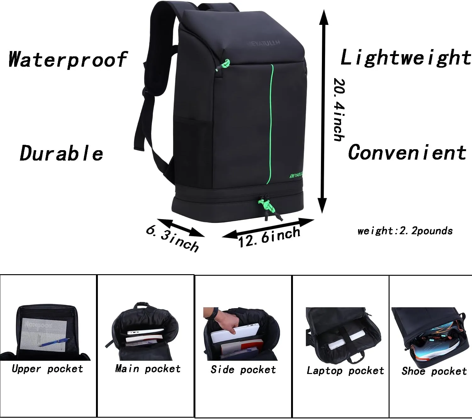 Waterproof 25L Gym Backpack with Shoe Compartment - Lightweight Durable PU Sports Bag for Men & Women,Travel-Friendly Hiking Trekking Backpack,Laptop Sleeve & Workout Gear Storage(green)