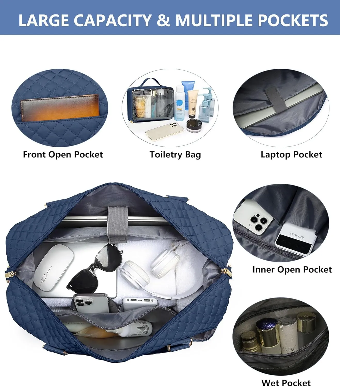 Weekender Bags for Women Duffle Bag - Travel Duffel Bag with Shoe Compartmen Carry on Overnight Bag with Toiletry Bag Gym Tote Bag with Wet Pocket Hospital Bags for Labor and Delivery Blue