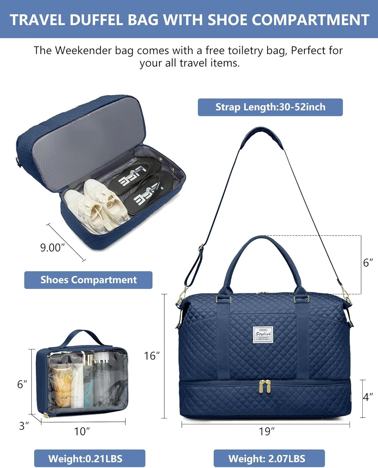 Weekender Bags for Women Duffle Bag - Travel Duffel Bag with Shoe Compartmen Carry on Overnight Bag with Toiletry Bag Gym Tote Bag with Wet Pocket Hospital Bags for Labor and Delivery Blue