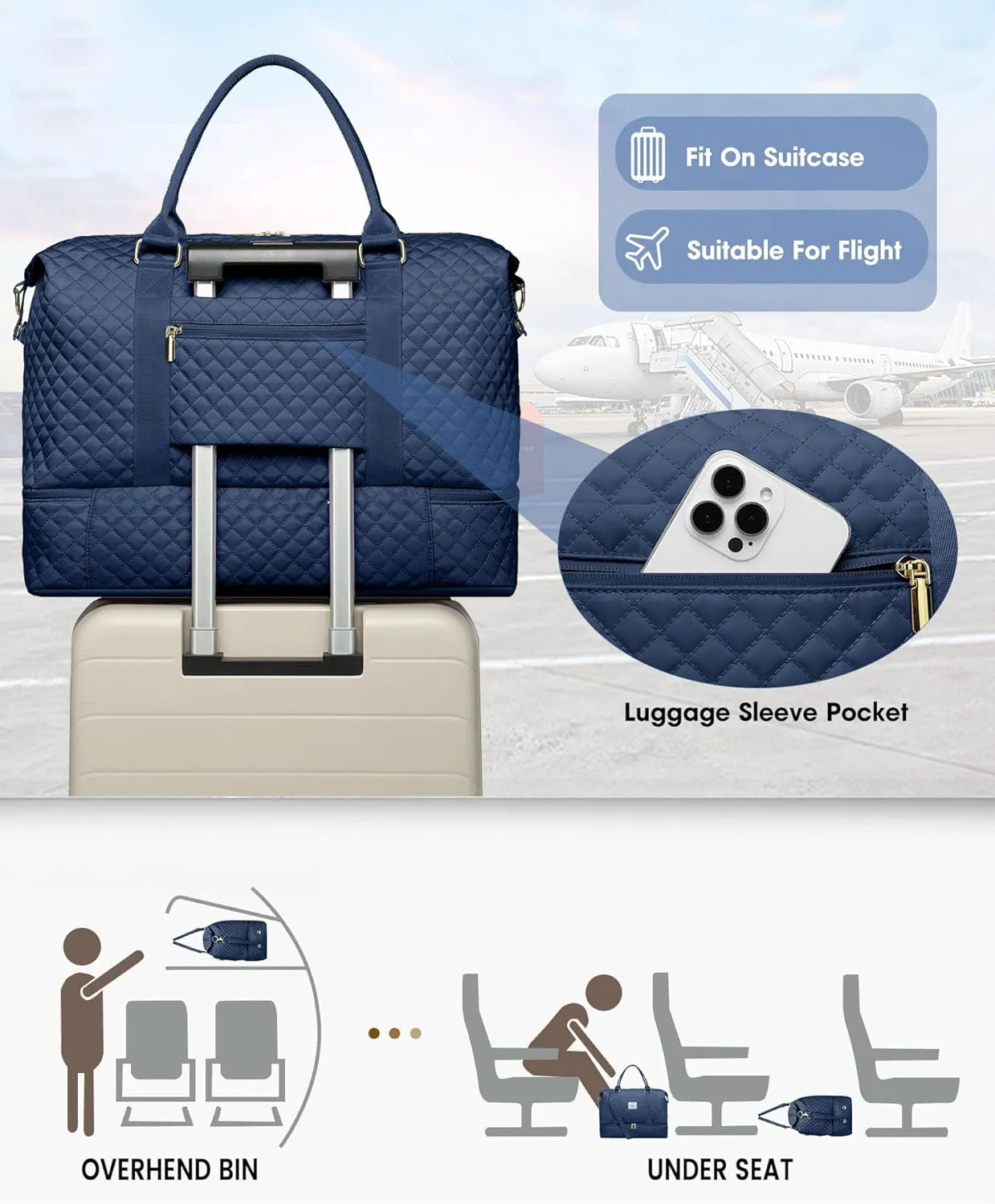 Weekender Bags for Women Duffle Bag - Travel Duffel Bag with Shoe Compartmen Carry on Overnight Bag with Toiletry Bag Gym Tote Bag with Wet Pocket Hospital Bags for Labor and Delivery Blue