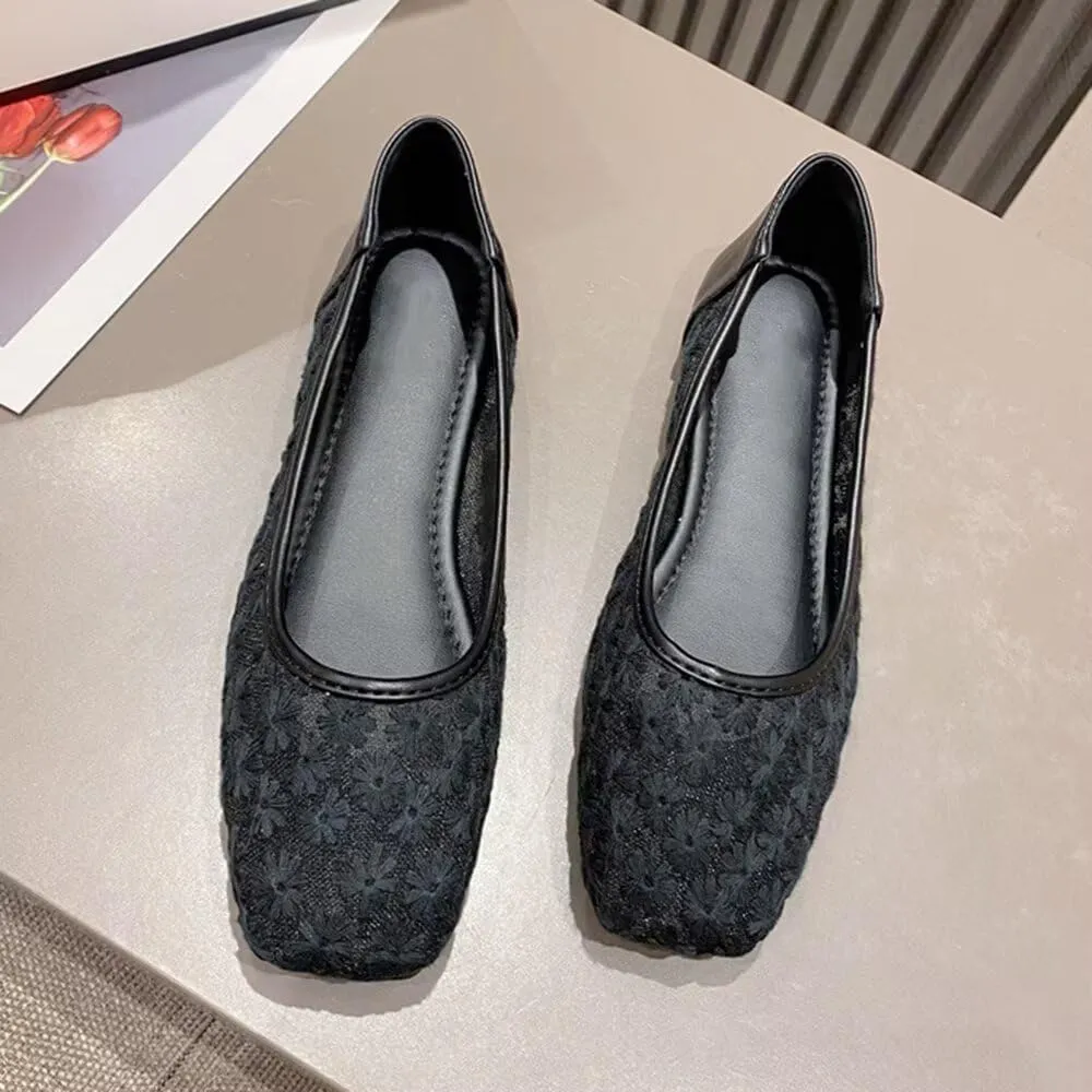WENJIAZHIZHI Women's Floral Ballet Flats Comfortable Dress Shoes Square Toe Slip on Flat Shoes with Breathable Eyelets