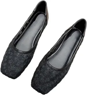 WENJIAZHIZHI Women's Floral Ballet Flats Comfortable Dress Shoes Square Toe Slip on Flat Shoes with Breathable Eyelets
