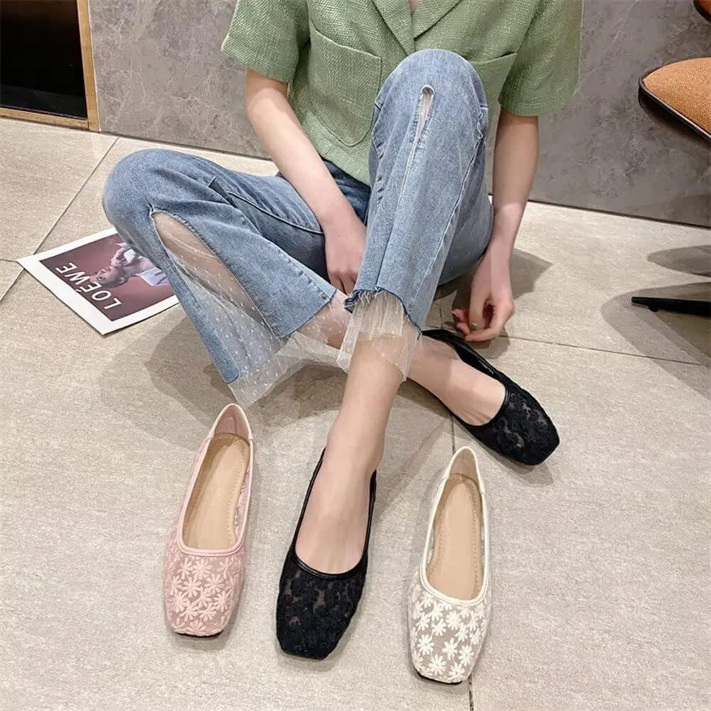 WENJIAZHIZHI Women's Floral Ballet Flats Comfortable Dress Shoes Square Toe Slip on Flat Shoes with Breathable Eyelets
