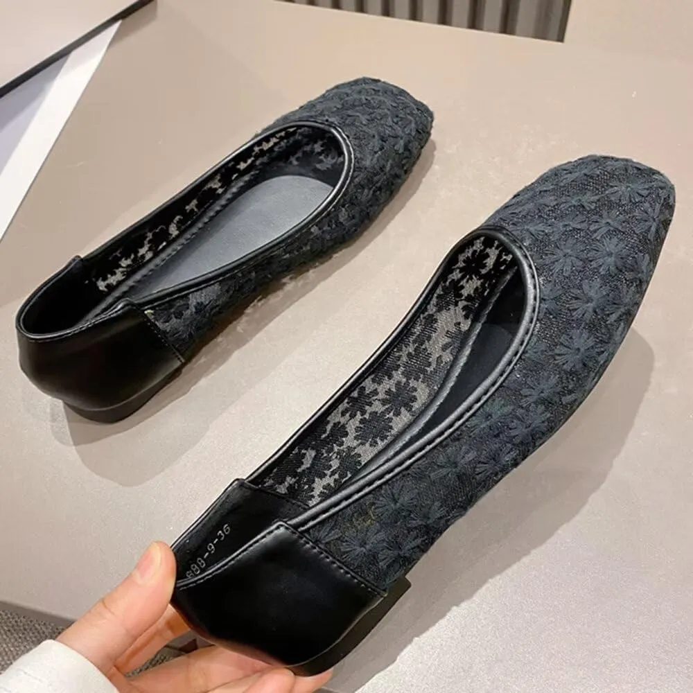 WENJIAZHIZHI Women's Floral Ballet Flats Comfortable Dress Shoes Square Toe Slip on Flat Shoes with Breathable Eyelets