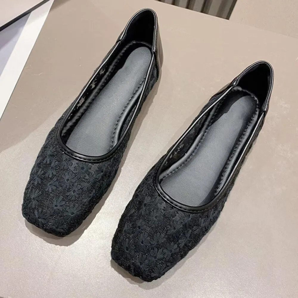 WENJIAZHIZHI Women's Floral Ballet Flats Comfortable Dress Shoes Square Toe Slip on Flat Shoes with Breathable Eyelets