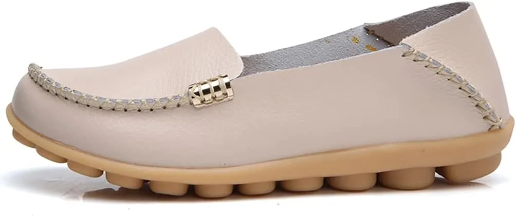 WERWAES Women's Comfortable Leather Slippers Flat Slippers Casual Round Toe Moccasin Shoes Wild Walking Nurse Breathable Driving Fashion Soft Shoes