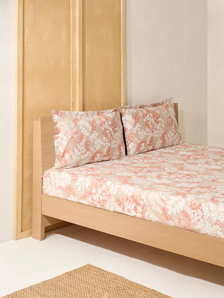 Westside Home Beige Botanical King Bed Flat Sheet and Pillowcase Set