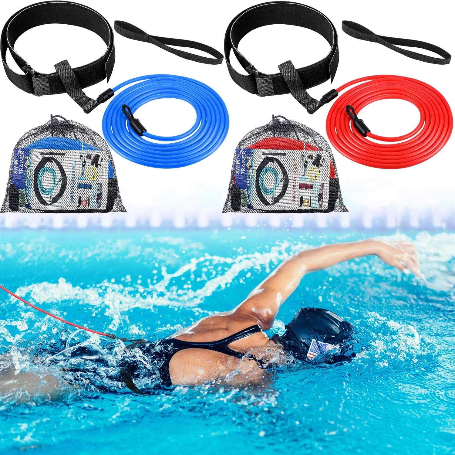 Wettarn 2 Pack Swimming Training Belt 4m Swim Tether Stationary Trainer Swimming Aquatic Resistance Belt with Mesh Storage Bag for Pool Swim Training Exercise
