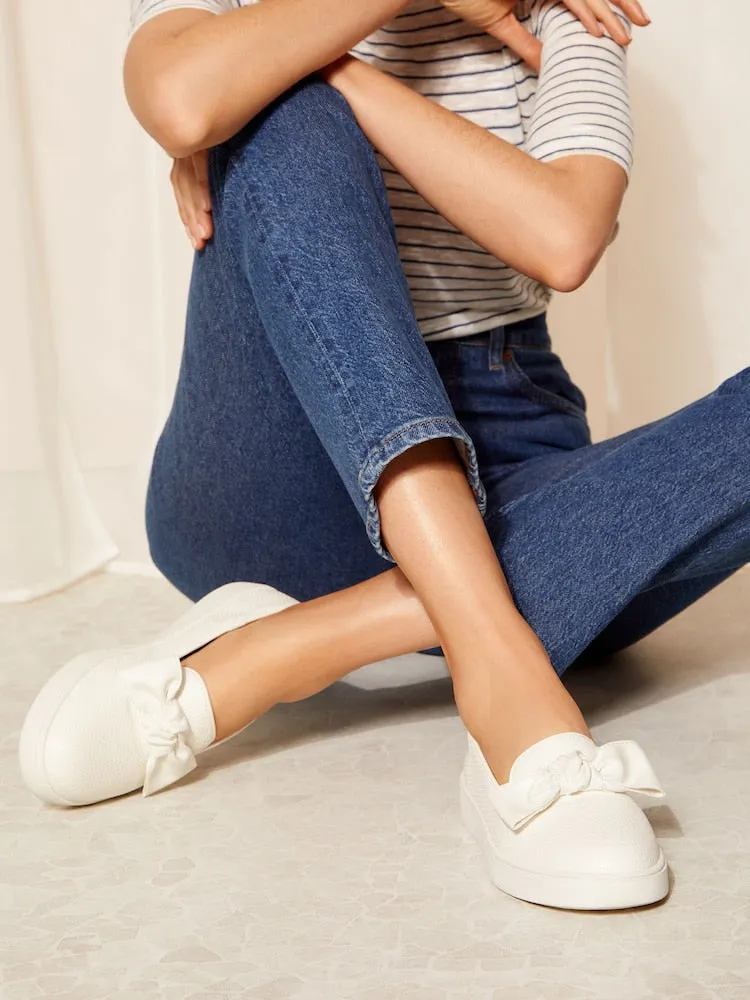 White Regular Fit Faux Leather Bow Trainers