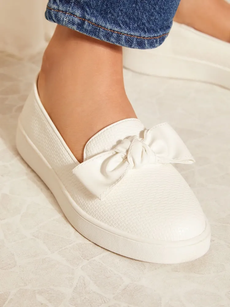 White Regular Fit Faux Leather Bow Trainers