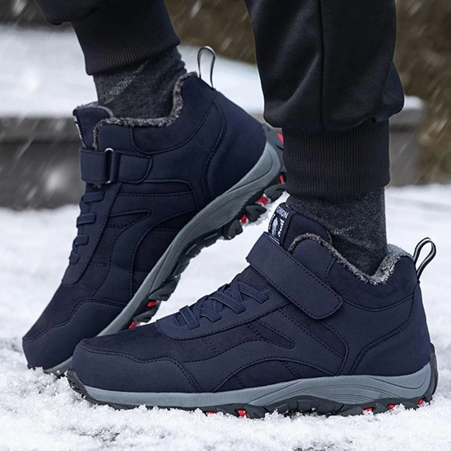 Winter Sport Shoes for Men Fleece Lined Warm Running Shoes with Adjustable Closures Non Slip Walking Boots Snowshoe Pole
