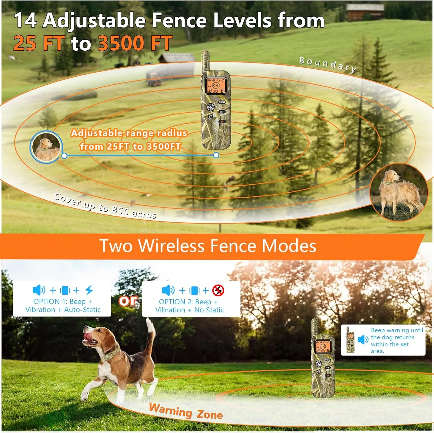 Wireless Dog Fence System for 2 Dogs 856 Acre Electric Fences for Dogs Training Collar with Remote Radius Shock Ultrasonic Trainer Waterproof Outdoor Pet Containment System with 2 Collars