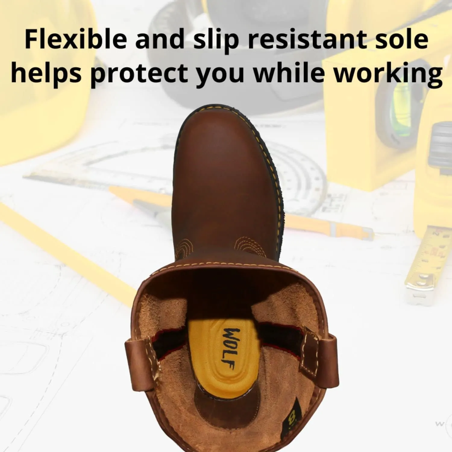 WOLF Work Boot | Water Resiliant Genuine Mexican Cowhide Leather | Oil Resiliant | Insulated | Non-Slip Rubber Sole | Roper Boot | Dual Pullers | Construction | Industrial PPE