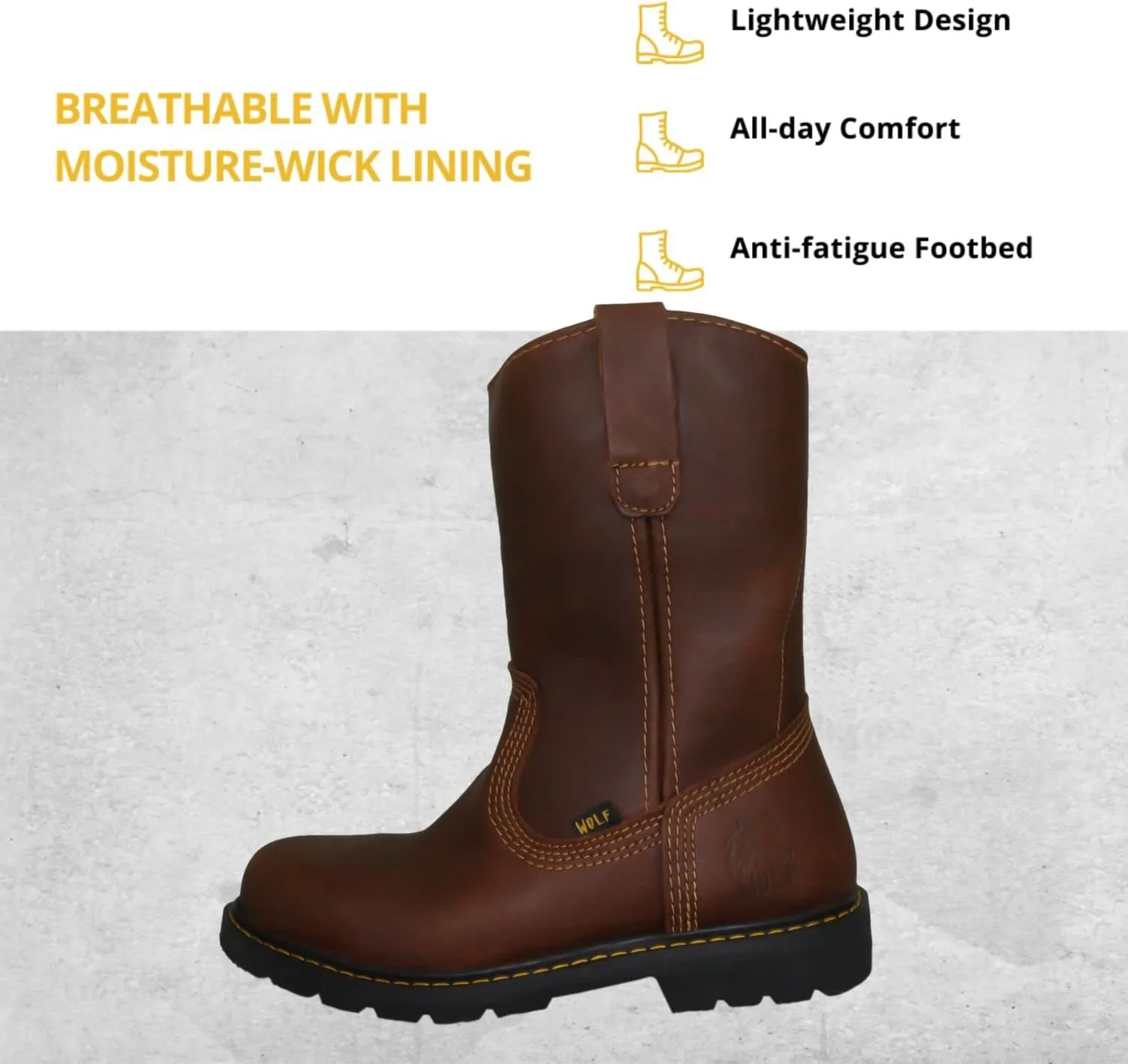 WOLF Work Boot | Water Resiliant Genuine Mexican Cowhide Leather | Oil Resiliant | Insulated | Non-Slip Rubber Sole | Roper Boot | Dual Pullers | Construction | Industrial PPE