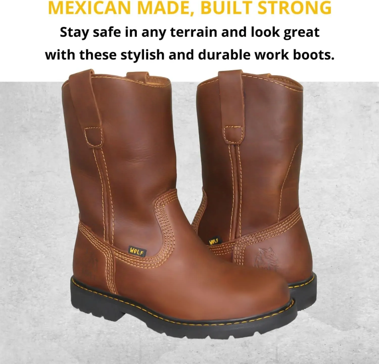 WOLF Work Boot | Water Resiliant Genuine Mexican Cowhide Leather | Oil Resiliant | Insulated | Non-Slip Rubber Sole | Roper Boot | Dual Pullers | Construction | Industrial PPE