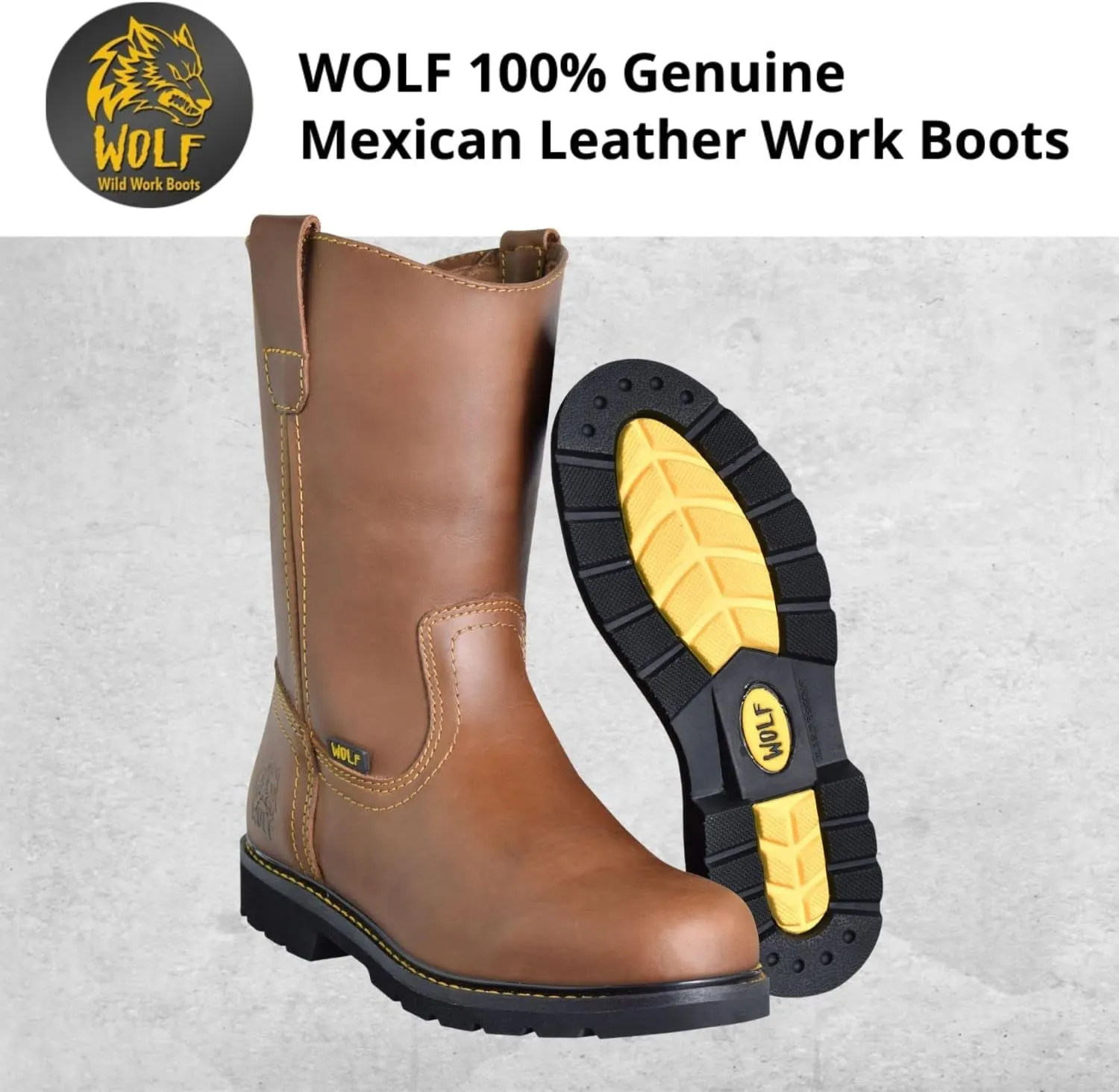 WOLF Work Boot | Water Resiliant Genuine Mexican Cowhide Leather | Oil Resiliant | Insulated | Non-Slip Rubber Sole | Roper Boot | Dual Pullers | Construction | Industrial PPE