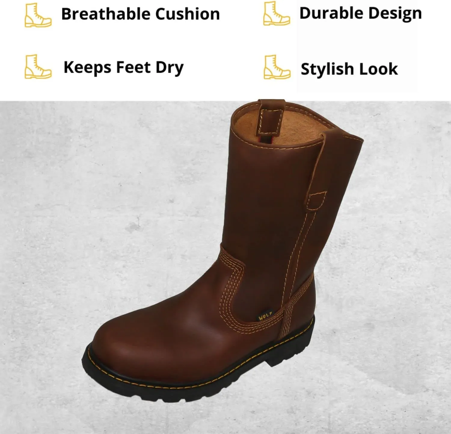 WOLF Work Boot | Water Resiliant Genuine Mexican Cowhide Leather | Oil Resiliant | Insulated | Non-Slip Rubber Sole | Roper Boot | Dual Pullers | Construction | Industrial PPE