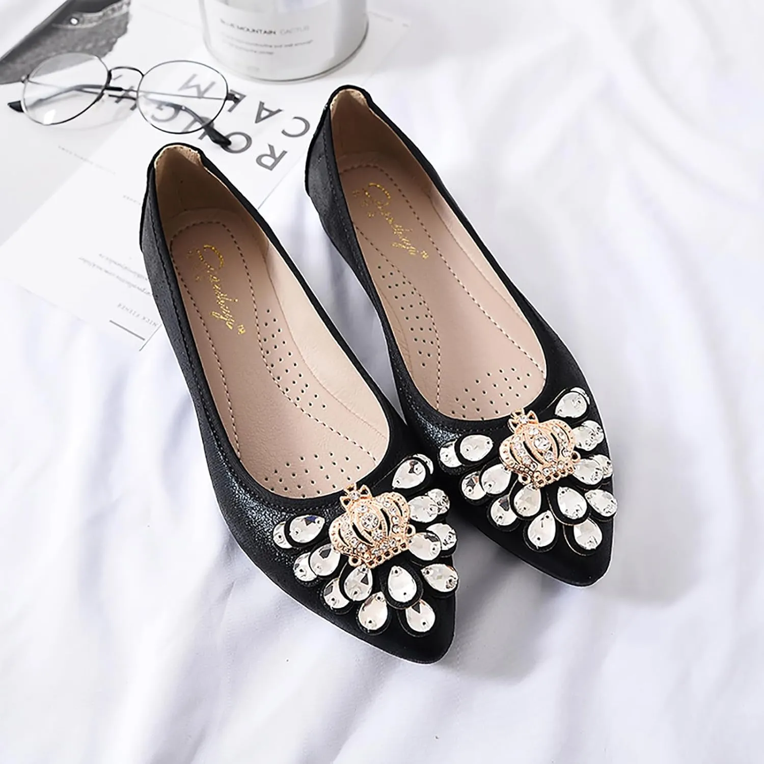 Women Ballet Flats Bling Cute Rhinestone Wedding Ballerina Shoes Foldable Sparkly Comfort Slip on Flat Shoes