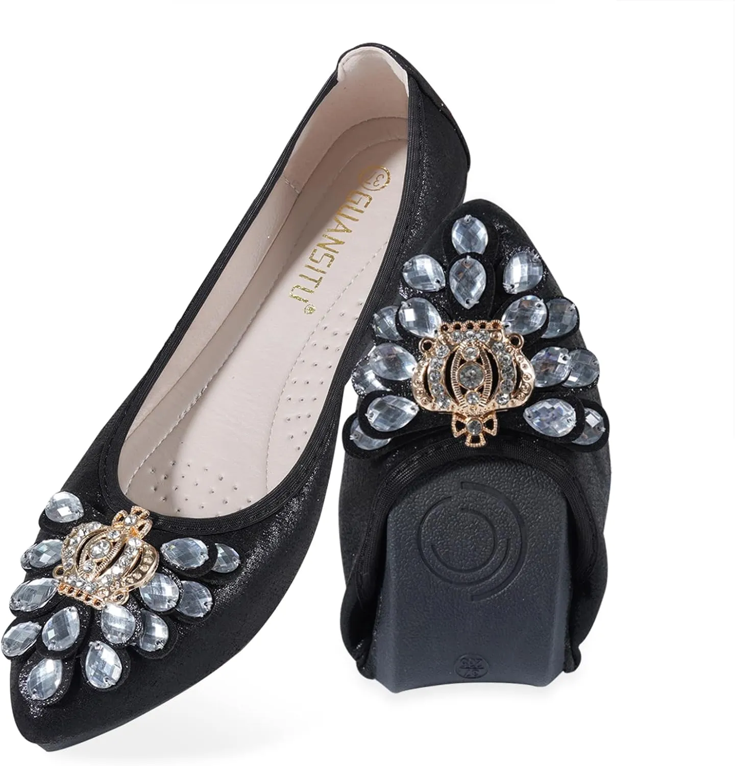 Women Ballet Flats Bling Cute Rhinestone Wedding Ballerina Shoes Foldable Sparkly Comfort Slip on Flat Shoes