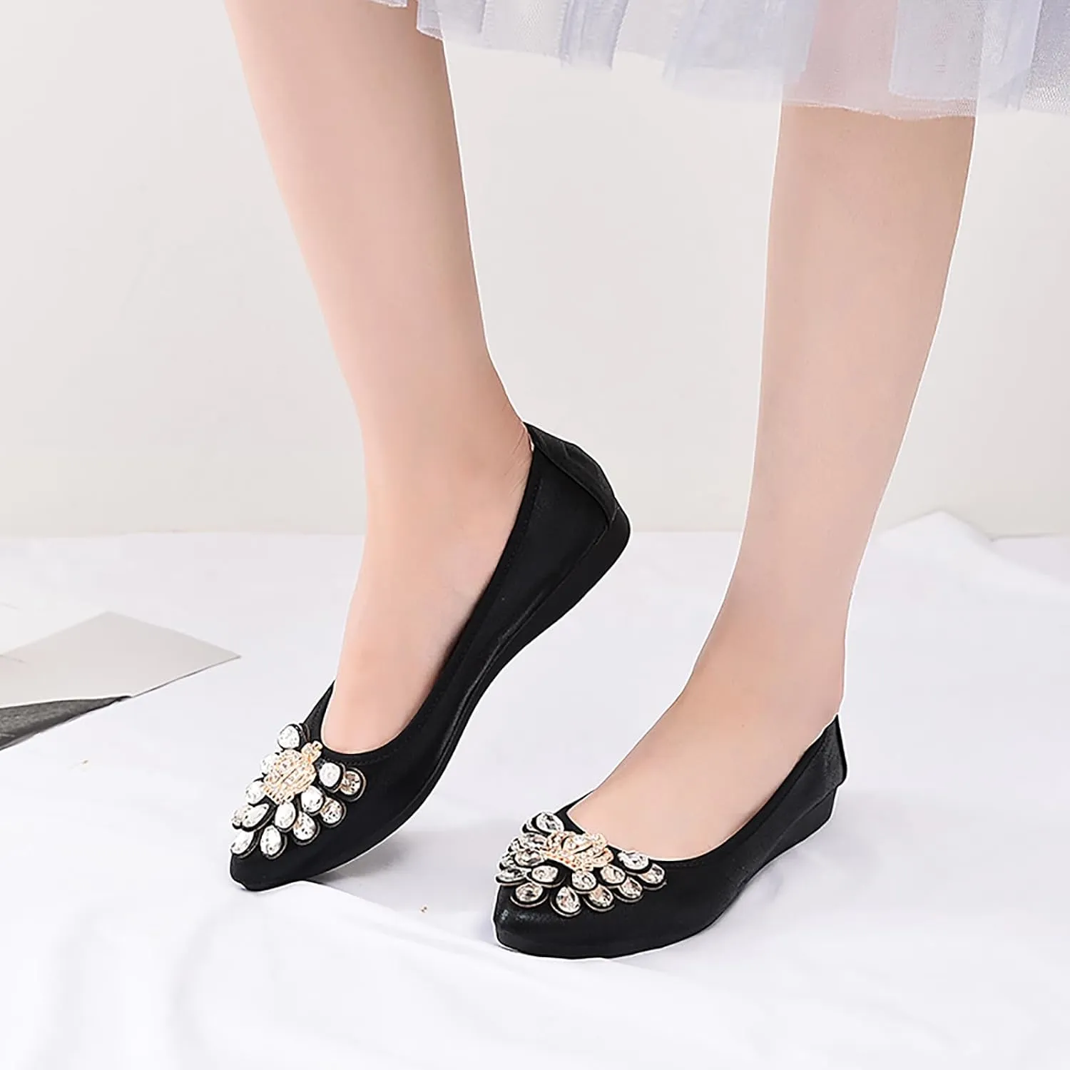 Women Ballet Flats Bling Cute Rhinestone Wedding Ballerina Shoes Foldable Sparkly Comfort Slip on Flat Shoes