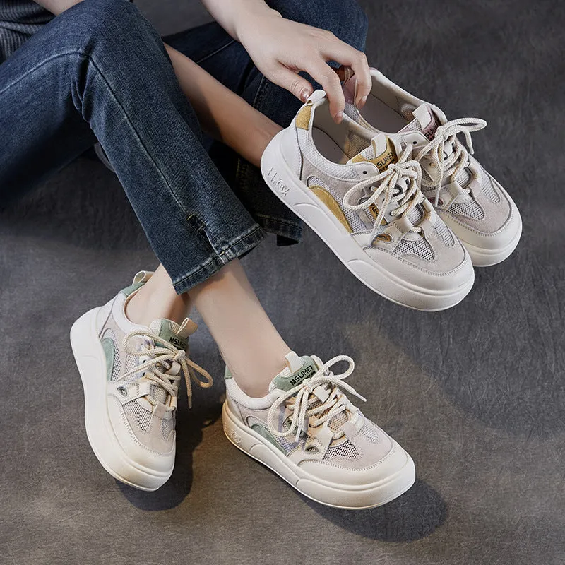 Women Breathable Mesh Quilted Leather Flat Casual Sneakers
