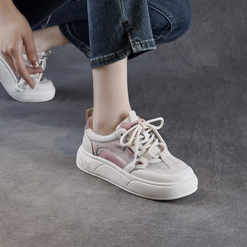 Women Breathable Mesh Quilted Leather Flat Casual Sneakers