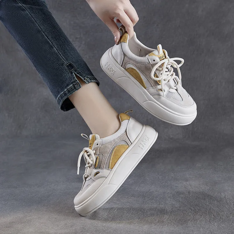 Women Breathable Mesh Quilted Leather Flat Casual Sneakers