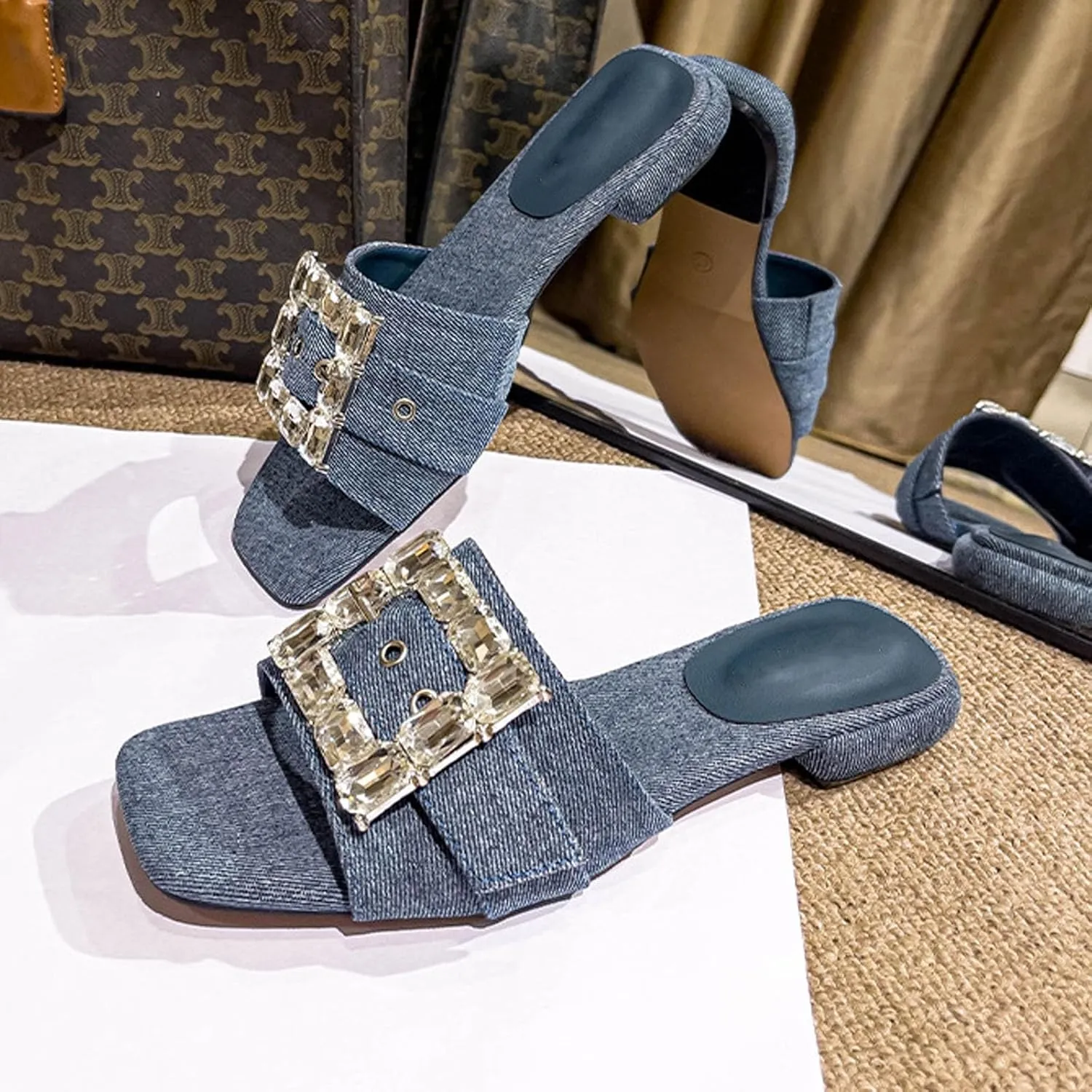 Women Denim Rhinestones Low Heel Slides Sandals Fashion Adjustable Square Buckle Slip On Square Toe Flat Dress Slippers Anti-Slip Party Evening Walking Sandals