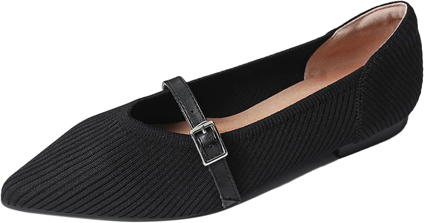 Women Knitted Striped Pointed Toe Mary Jane Flats with Adjustable Ankle Strap Comfort Casual Breathable Lightweight Washable Walking Shoes Dressy Ballet Flats for Office Dating