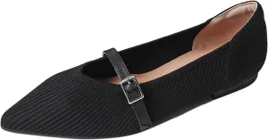 Women Knitted Striped Pointed Toe Mary Jane Flats with Adjustable Ankle Strap Comfort Casual Breathable Lightweight Washable Walking Shoes Dressy Ballet Flats for Office Dating