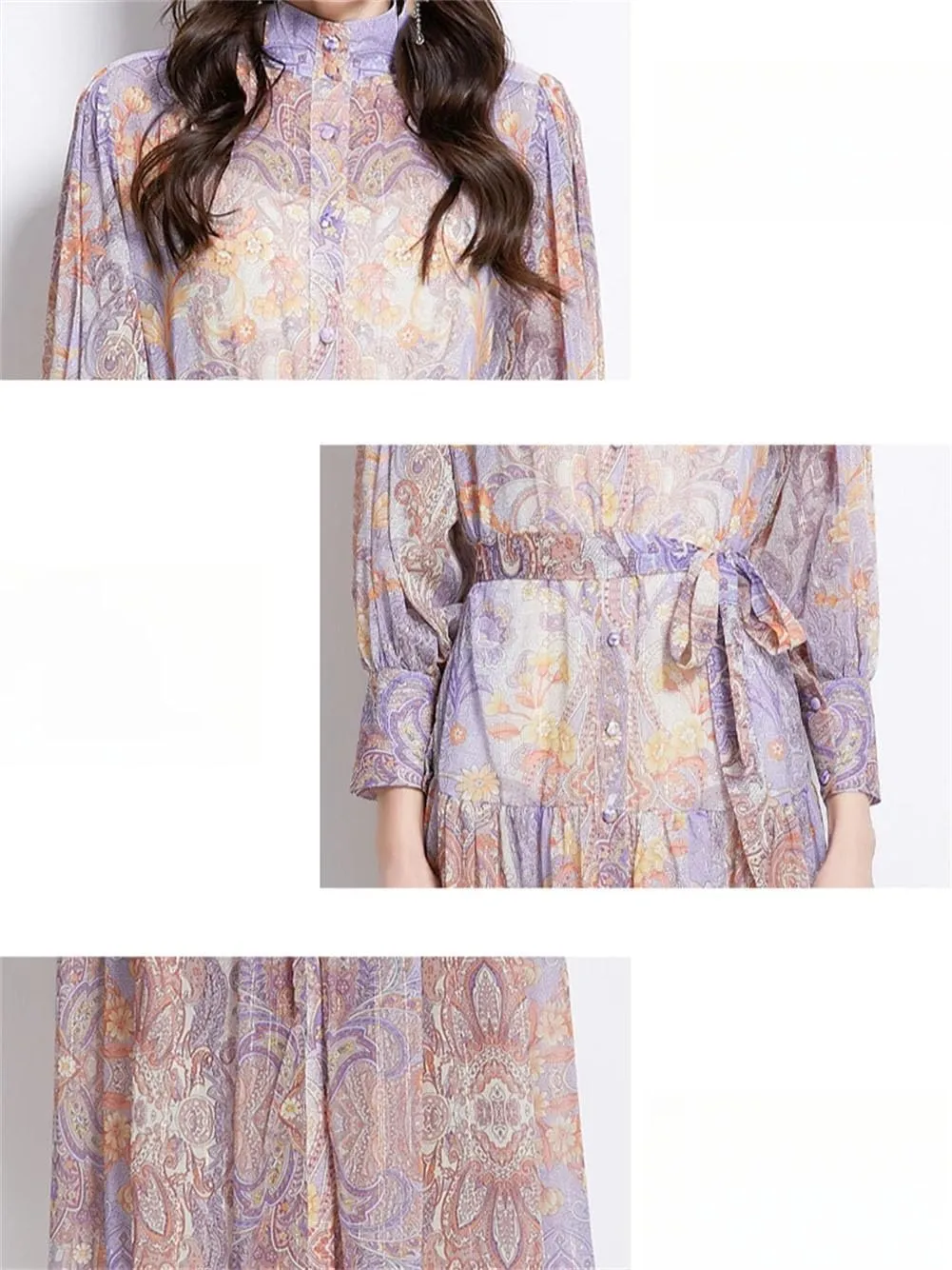 Women Stand Neck Lantern Sleeve Dress Floral Robe Pleated Maxi Dresses Buttons Lace Up Dress