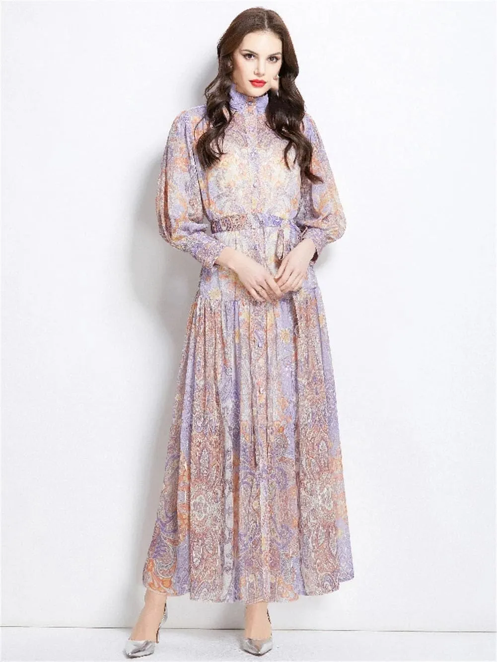Women Stand Neck Lantern Sleeve Dress Floral Robe Pleated Maxi Dresses Buttons Lace Up Dress