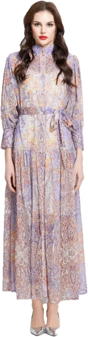 Women Stand Neck Lantern Sleeve Dress Floral Robe Pleated Maxi Dresses Buttons Lace Up Dress