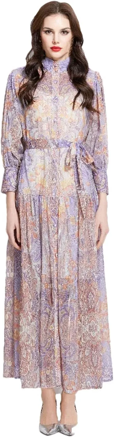 Women Stand Neck Lantern Sleeve Dress Floral Robe Pleated Maxi Dresses Buttons Lace Up Dress