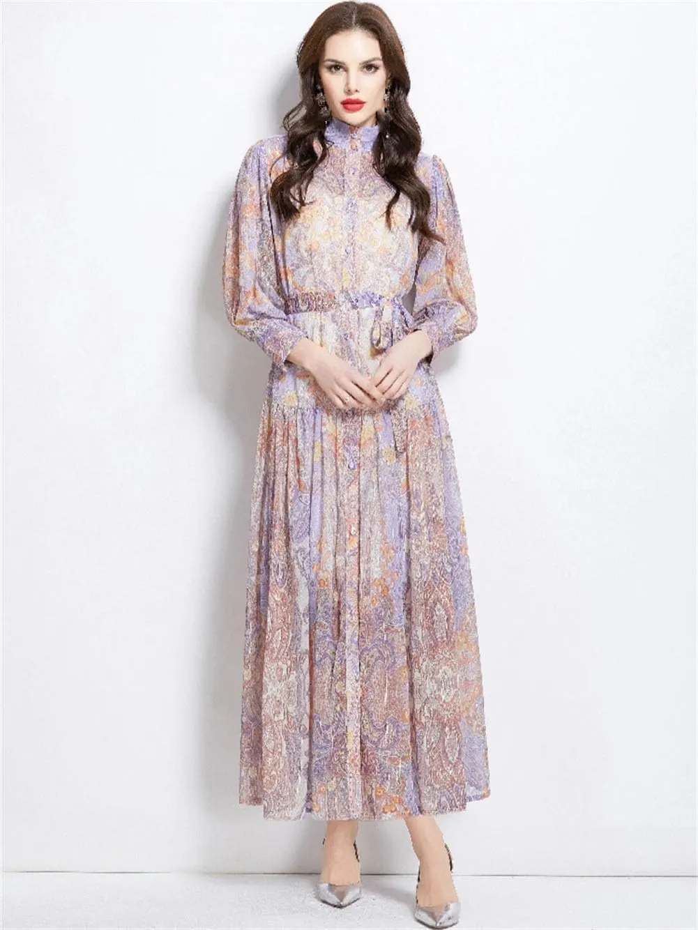 Women Stand Neck Lantern Sleeve Dress Floral Robe Pleated Maxi Dresses Buttons Lace Up Dress