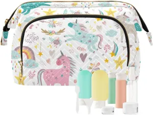 Women Wave Quilt Cosmetic Bag, Storage Pouch Handbag Makeup Case Zipper Toiletry Purse Holder Organizer 10.2x5.9x6.7 in Seamless Colorful Unicorns Flowers Rainbow Rain Drops Stars