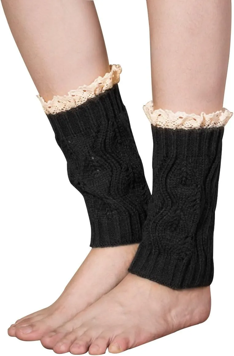 Womens Boot Socks-Winter Short Ankle Leg Warmers Lace Crochet Knitted Boot Cuffs for Women Knee High Thick Boots Topper Socks