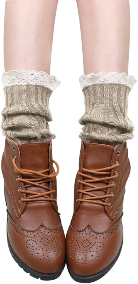Womens Boot Socks-Winter Short Ankle Leg Warmers Lace Crochet Knitted Boot Cuffs for Women Knee High Thick Boots Topper Socks