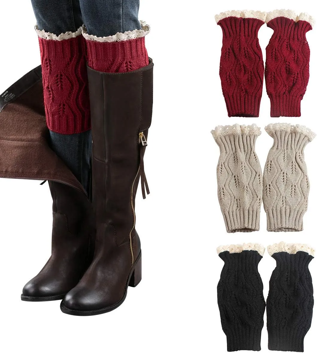 Womens Boot Socks-Winter Short Ankle Leg Warmers Lace Crochet Knitted Boot Cuffs for Women Knee High Thick Boots Topper Socks