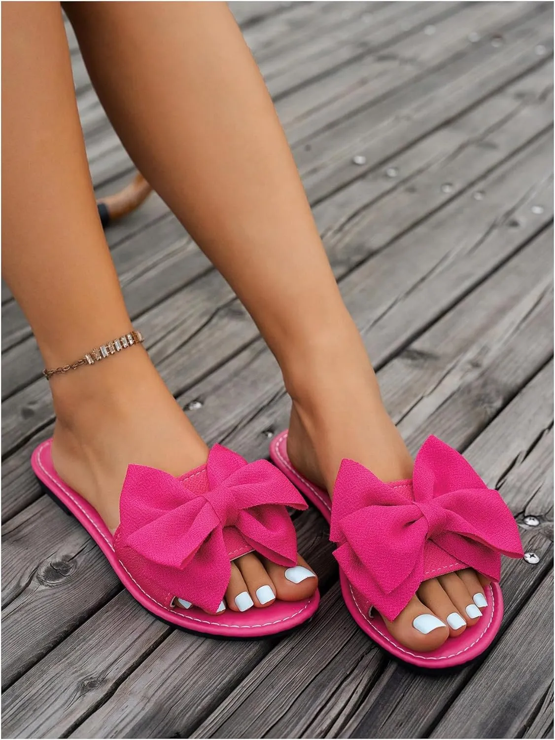 Women's Bow Flat Sandals Dressy Slide Sandals Open Toe Summer Beach Flat Shoes Slippers Slip on Slide