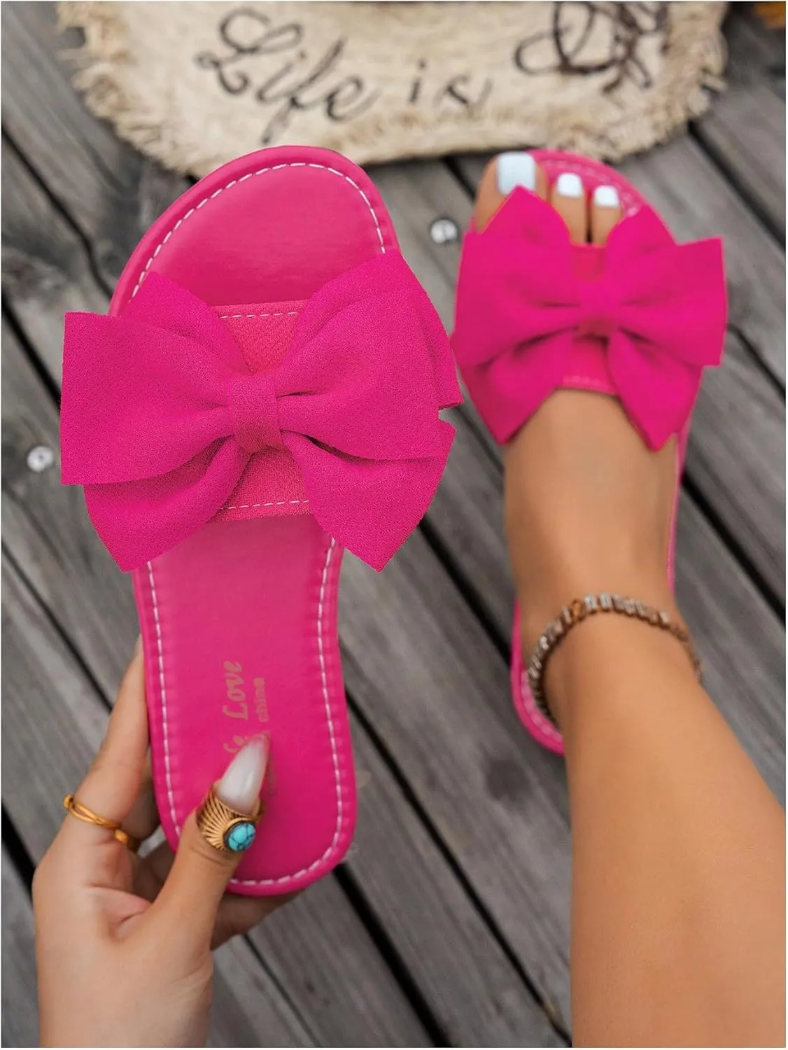 Women's Bow Flat Sandals Dressy Slide Sandals Open Toe Summer Beach Flat Shoes Slippers Slip on Slide