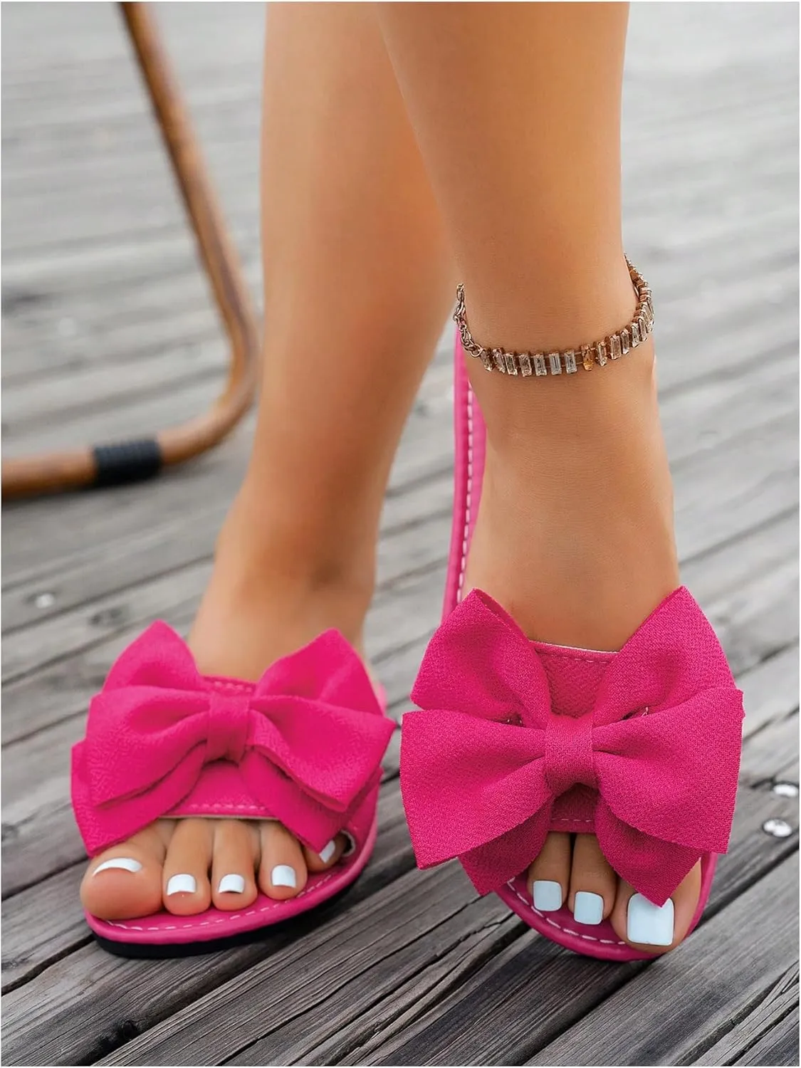 Women's Bow Flat Sandals Dressy Slide Sandals Open Toe Summer Beach Flat Shoes Slippers Slip on Slide
