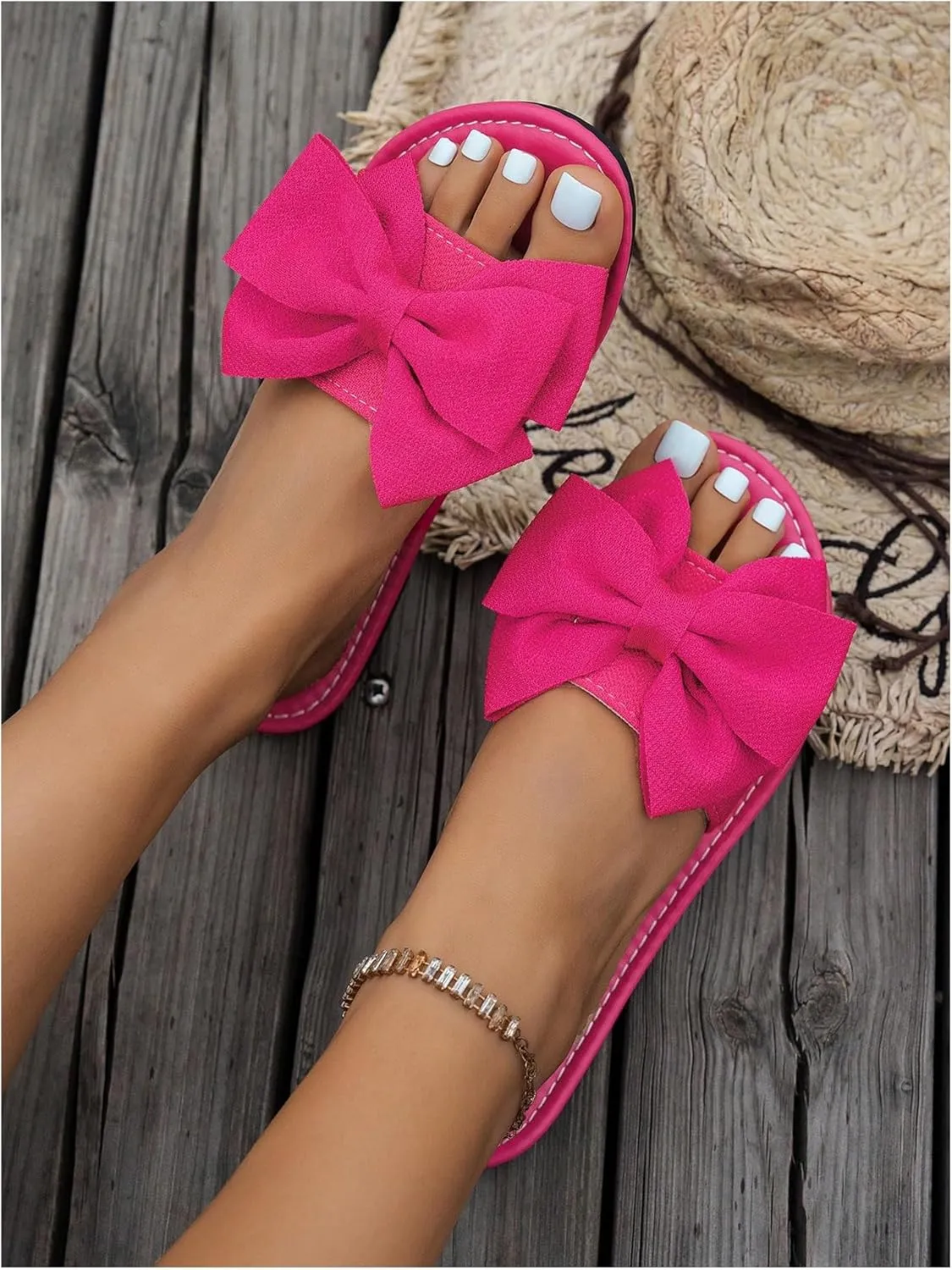 Women's Bow Flat Sandals Dressy Slide Sandals Open Toe Summer Beach Flat Shoes Slippers Slip on Slide