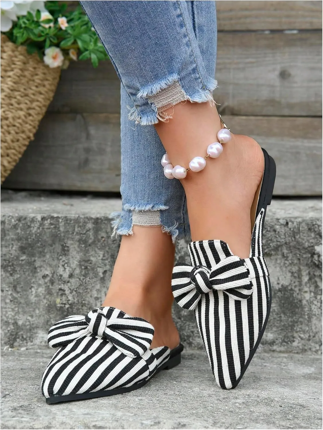 Women's Bow Mules Dressy Pointed Toe Flat Shoes Backless Loafers Slide Sandals Casual Slides Work Shoes