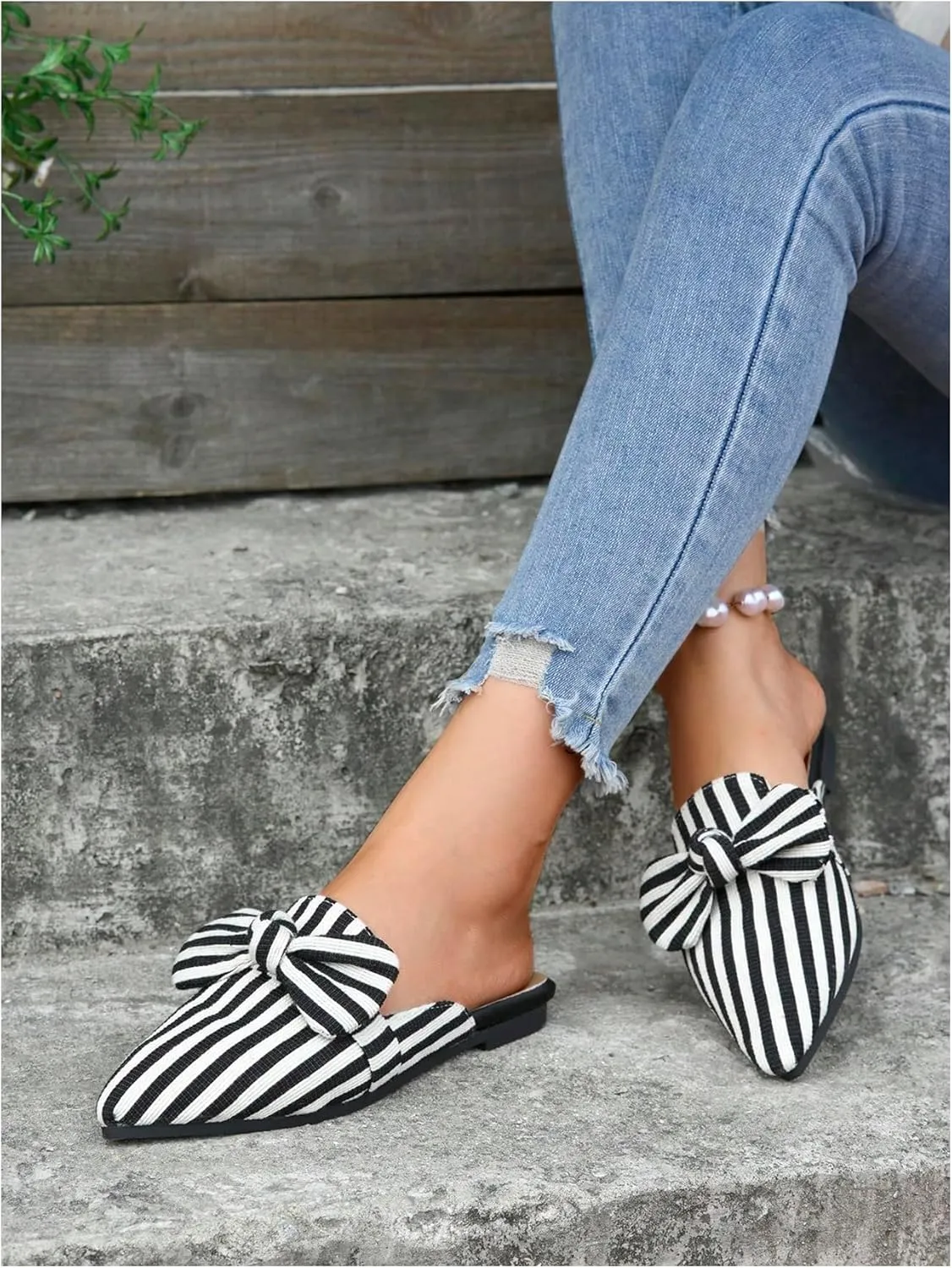 Women's Bow Mules Dressy Pointed Toe Flat Shoes Backless Loafers Slide Sandals Casual Slides Work Shoes