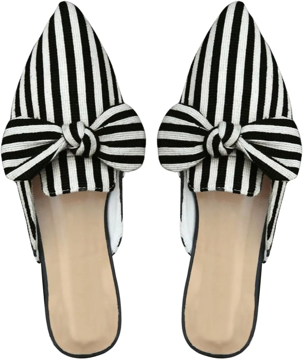 Women's Bow Mules Dressy Pointed Toe Flat Shoes Backless Loafers Slide Sandals Casual Slides Work Shoes