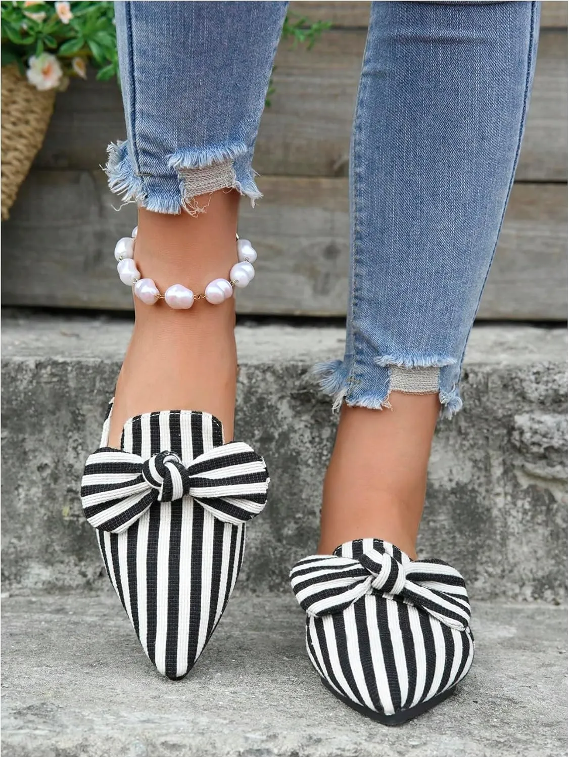 Women's Bow Mules Dressy Pointed Toe Flat Shoes Backless Loafers Slide Sandals Casual Slides Work Shoes