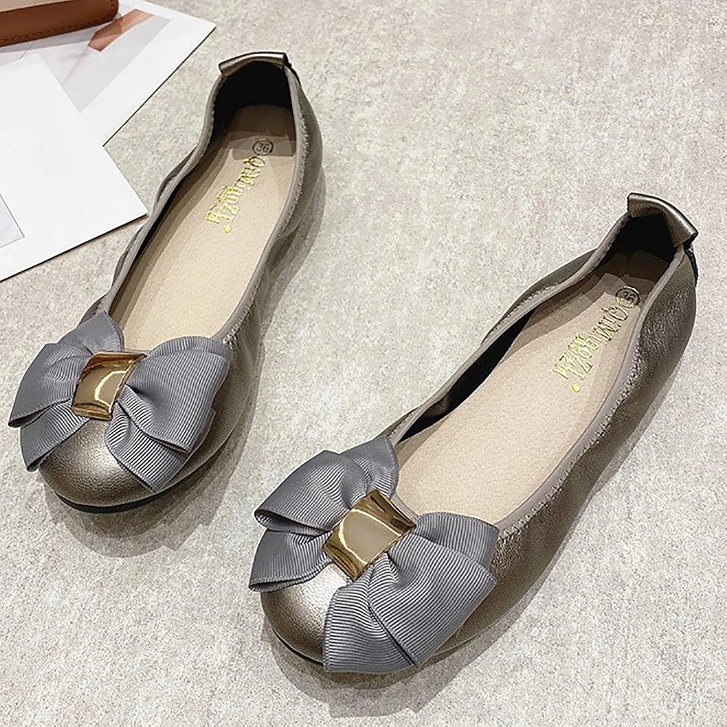 Womens Bowknot Ballet Flats Round Toe Flat Shoes Leather Casual Dress Shoes Wear to Work Slip On Moccasins