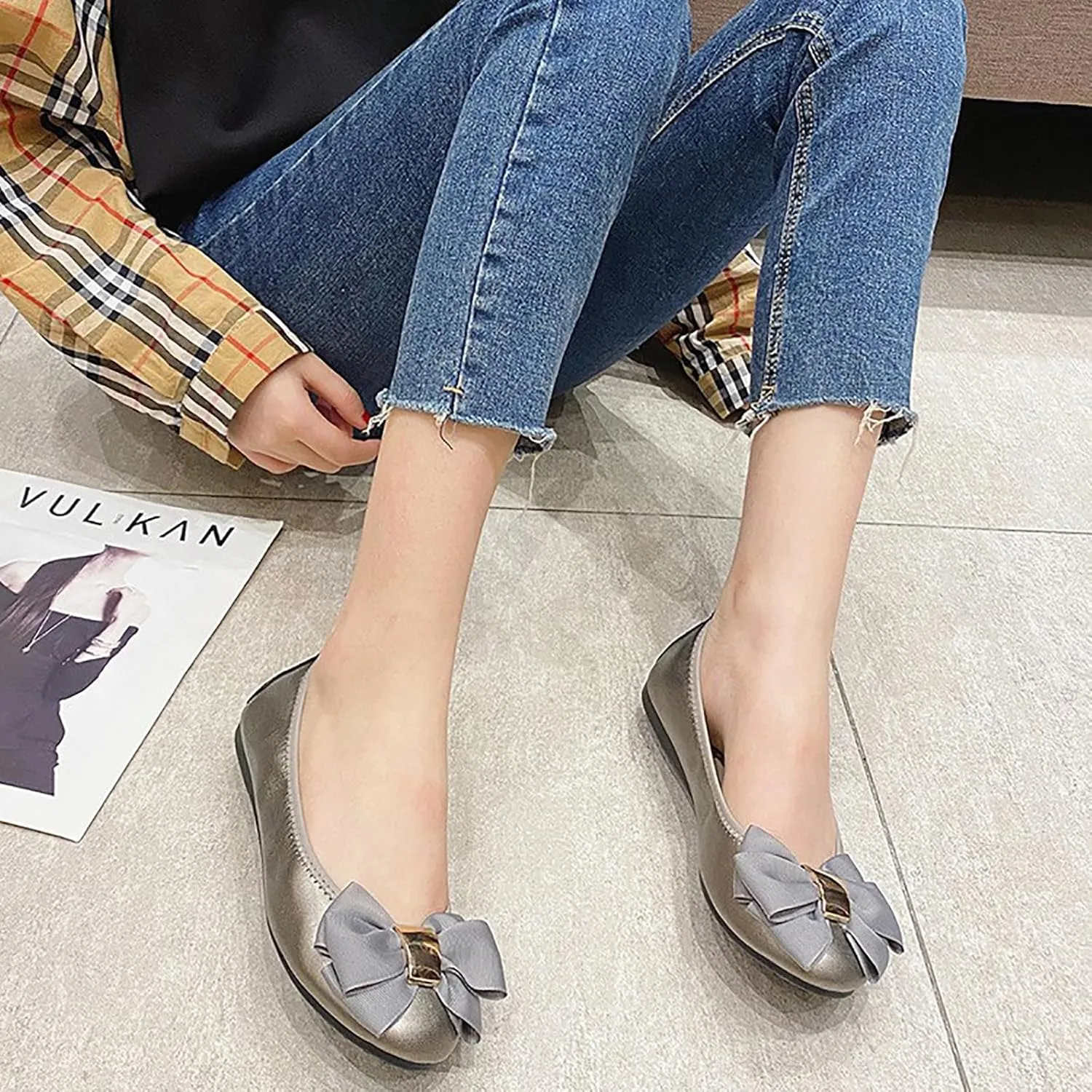Womens Bowknot Ballet Flats Round Toe Flat Shoes Leather Casual Dress Shoes Wear to Work Slip On Moccasins