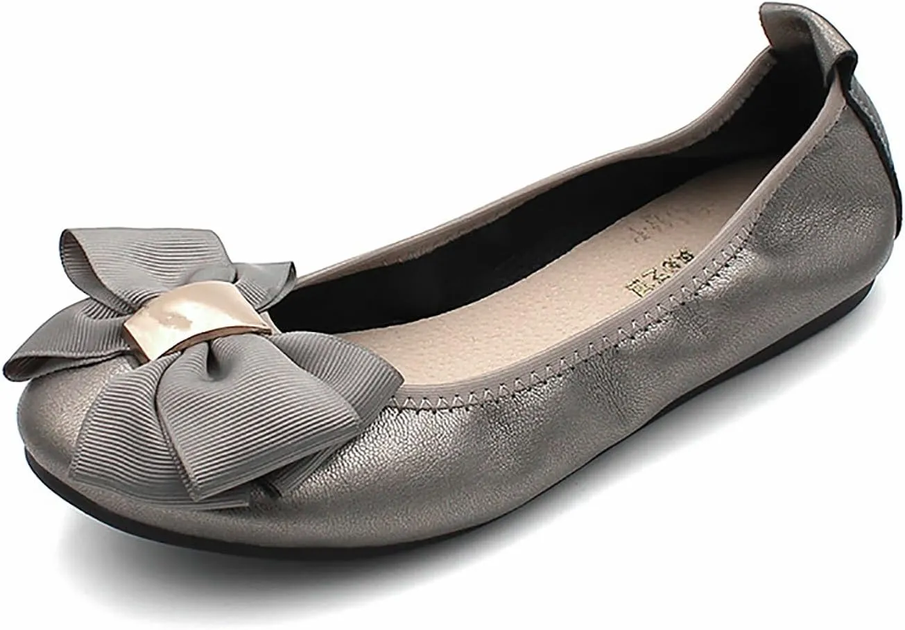 Womens Bowknot Ballet Flats Round Toe Flat Shoes Leather Casual Dress Shoes Wear to Work Slip On Moccasins